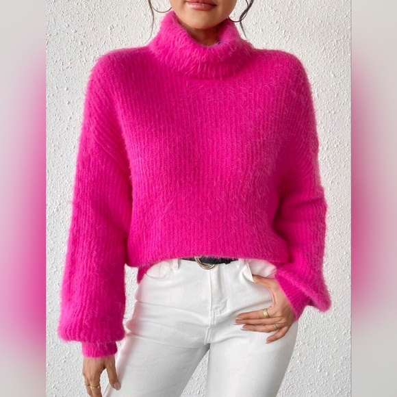 NEW Luxe Fluffy Knit Turtleneck Sweater Top Hot Pink - Picture 3 of 8